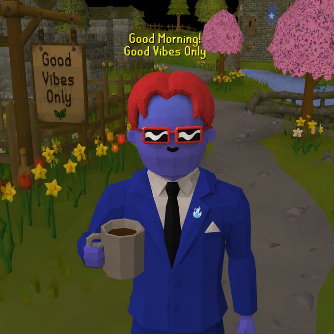A blue-skinned avatar with red hair and pixelated sunglasses stands in a vibrant cartoon garden holding a coffee mug, with a "Good Vibes Only" sign nearby and "Good Morning! Good Vibes Only" text floating above. The image fits the post's upbeat "Gm fam" greeting, promoting a cheerful start to the day with a friendly request to respond back.