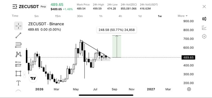 A candlestick chart shows ZECUSDT trading at $489.65 on Binance with a descending triangle pattern marked near $489 resistance, alongside a projected bullish move indicator targeting $248.58 (50.77%) to $24,858, supporting the post's claim of a potential breakout to a new all-time high.
