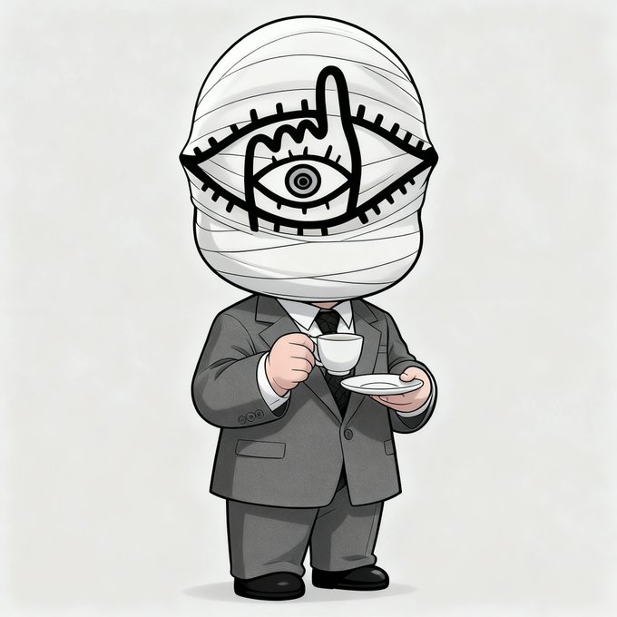 A cartoon illustration of a figure in a gray business suit and tie holding a teacup and saucer, with their entire head wrapped in bandages except for a large, central eye symbol.