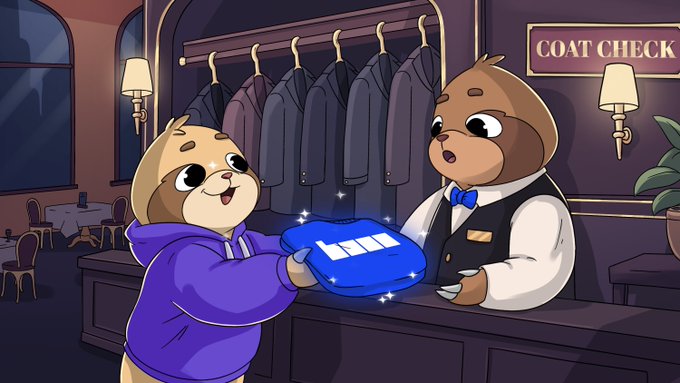 An illustration of two cartoon otter characters at a "COAT CHECK" counter, with one otter in a purple hoodie handing a glowing blue jacket to another wearing a vest and bow tie.