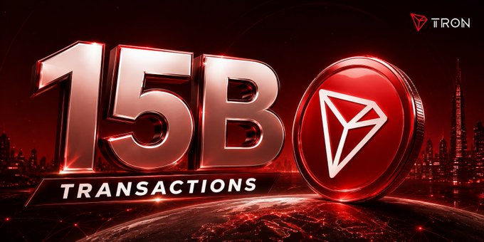 Promotional graphic with red lighting showing '15B TRANSACTIONS' next to a TRON coin logo with its diamond emblem.