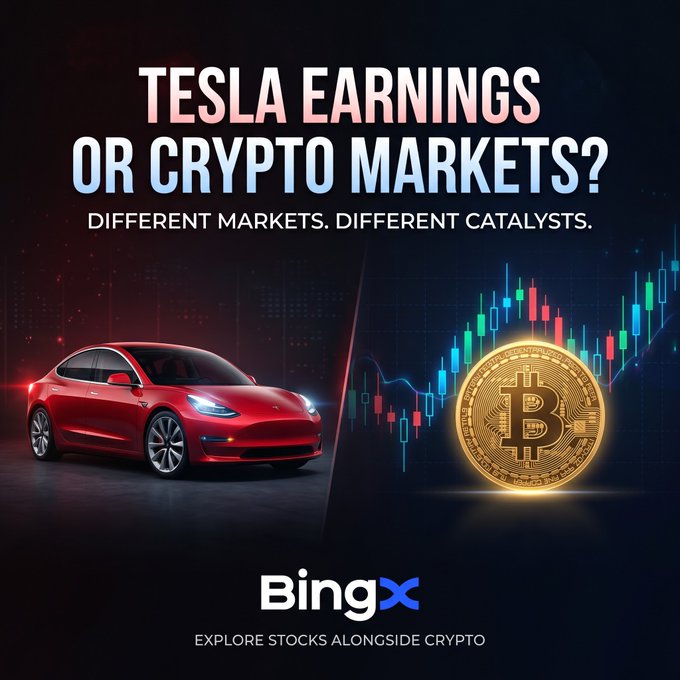 A BingX promotional graphic asks “TESLA EARNINGS OR CRYPTO MARKETS?” with “DIFFERENT MARKETS. DIFFERENT CATALYSTS.” and the line “EXPLORE STOCKS ALONGSIDE CRYPTO.”