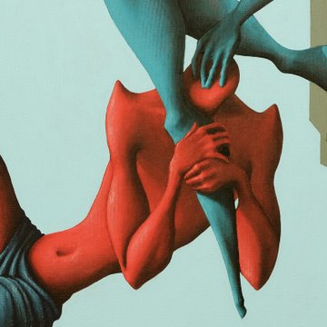 The focus of the image is a close-up view of an abstract painting featuring two figures, one red and one blue, with their arms wrapped around each other's necks. The background appears to be a light blue color that contrasts with the vibrant colors of the figures. The caption "Detail vs final" suggests that there might be more details in the image or that it is a part of a larger series or collection of artworks.