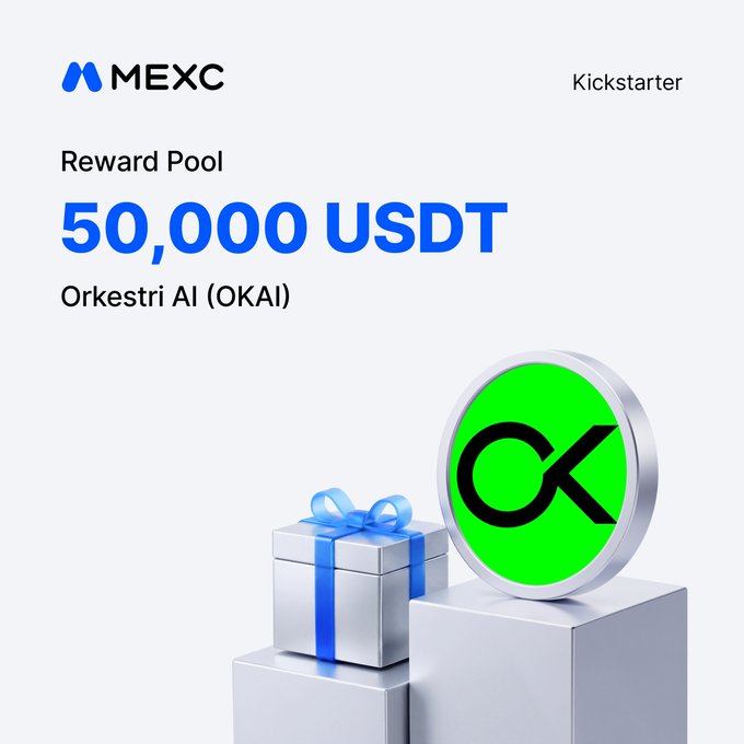 A MEXC Kickstarter promotional graphic for Orkestri AI ($OKAI) featuring a 50,000 USDT reward pool, with visuals of a gift box and the OK token logo.