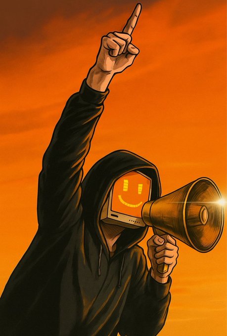 An illustration shows a hooded figure with a digital smiley face on a screen for a head, pointing upward while holding a megaphone against an orange sky.