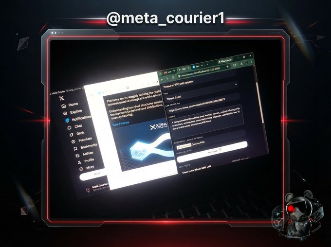 A dark, futuristic-themed graphic displaying screenshots of platforms, overlaid with the text '@meta_courier1' at the top and a small robotic character in the bottom right corner.