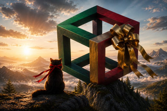 A surreal digital artwork depicting a black cat wearing a red ribbon sitting on a mountain cliff, gazing at a large impossible cube wrapped with a golden bow against a sunset sky.