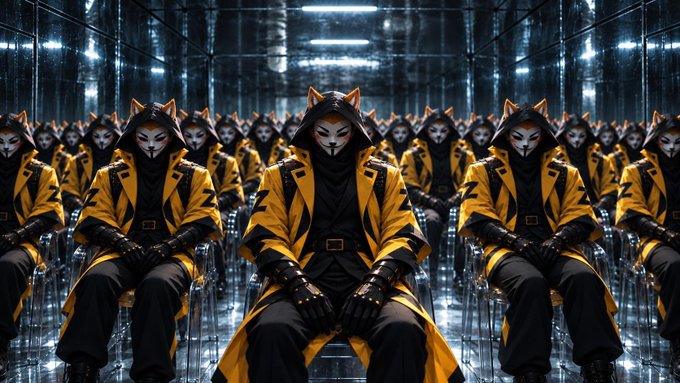 A dark, sci-fi scene featuring multiple figures wearing yellow and black coats with fox-ear hoods and white fox masks, seated in rows within what appears to be a mirrored futuristic hall.