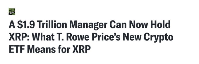 In this image, there's a square shape with white text that reads "A $9 Triillion Manager Can Now Hold XRP: What T. Rowe Price's New Crypto. EFT Means for XRP" at the bottom of the picture. This information is related to the current news about Ripple Cryptocurrency and its potential impact on cryptocurrency prices. The rest of the image focuses on this content, providing a summary or explanation of what's happening in the post.