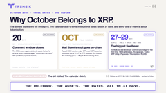 A promotional graphic from Trident featuring an "Uptober Belongs to XRP" countdown banner, displaying "20" customers who have joined, a date of "27-29" for "The Biggest Event ever," and references to "XRP" and "OCT," tying into the announcement that $XRP is making a push for October.
