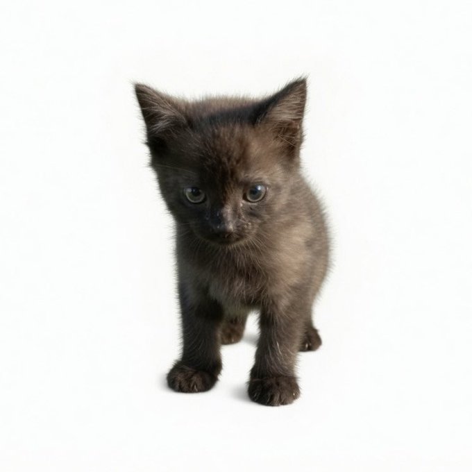A small black kitten stands on a white background, looking directly at the camera with curious eyes.