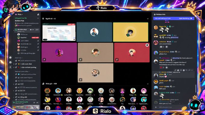A screenshot of the Rialo Discord-style chat interface featuring user avatars, chat channels on the left, a central avatar grid, and a list of users on the right.