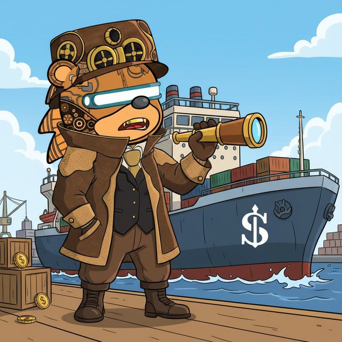 A cartoon illustration of a steampunk-style character wearing a top hat with goggles, holding a brass telescope, standing on a dock with a cargo ship behind them bearing a dollar sign anchor logo.