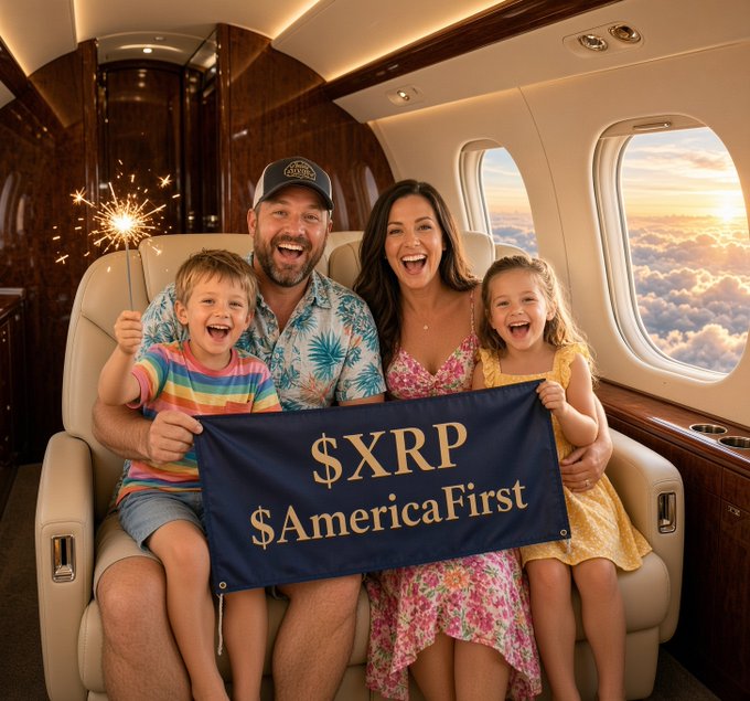 An AI-generated image shows a smiling family on a private jet holding a banner that reads '$XRP $AmericaFirst'.