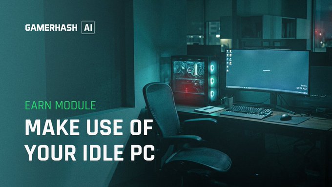 A promotional banner for GamerHash AI with the text 'EARN MODULE - MAKE USE OF YOUR IDLE PC' displayed over a dark, teal-toned image of a gaming setup with a glowing PC and monitor.