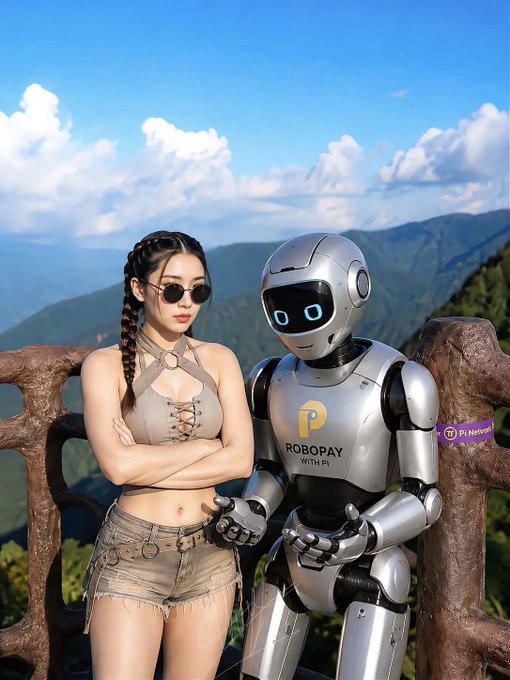 An AI-generated image of a young woman with braided hair and sunglasses standing next to a silver humanoid robot labeled 'ROBOPAY WITH PI' on a mountain overlook.