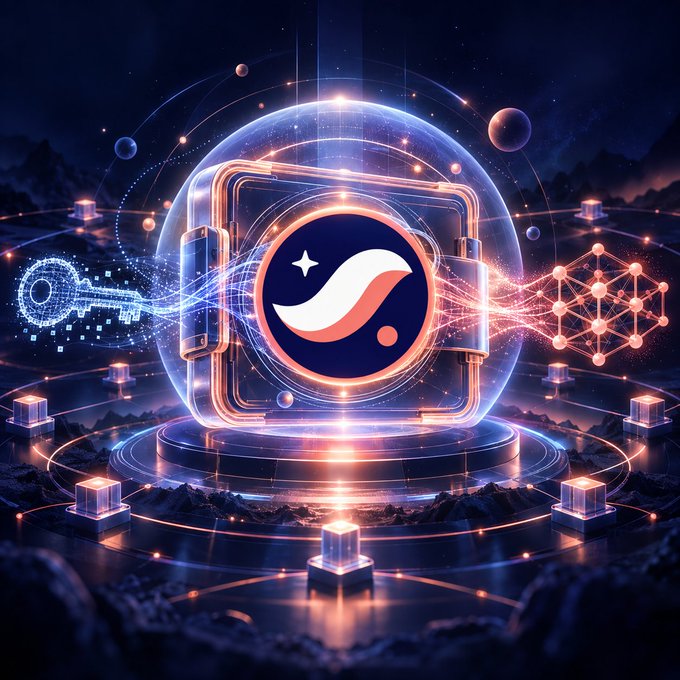 A digital artwork features a glowing, futuristic sphere containing a stylized wave logo surrounded by network nodes, cubes, and a key icon set against a cosmic landscape.
