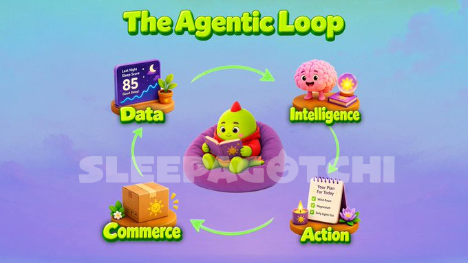 An illustration titled 'The Agentic Loop' featuring cartoon characters and icons arranged in a circle with the steps Data, Intelligence, Action, and Commerce, centered around a dragon reading a book on a beanbag with 'SLEEPAGOTCHI' watermarked.
