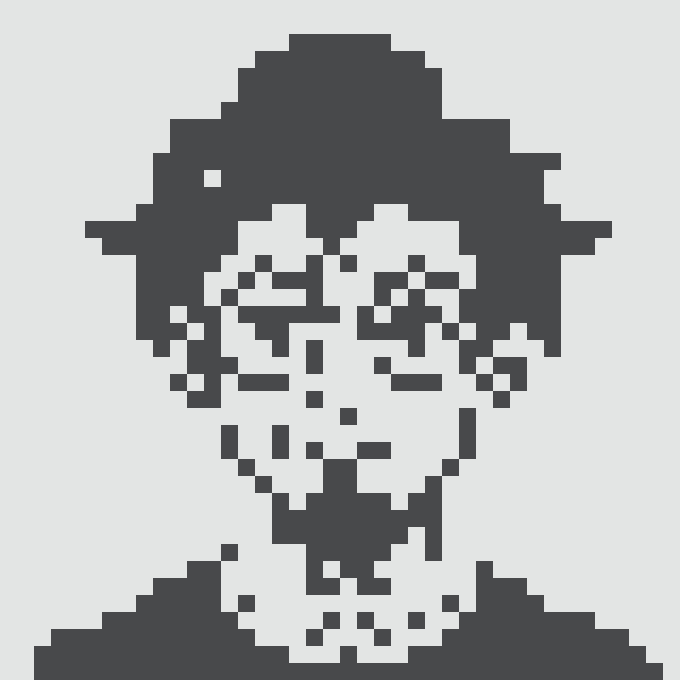 A pixelated black and white portrait illustration of a man's face wearing glasses and a cap.