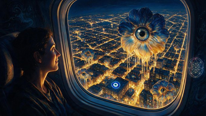 A surreal digital artwork depicting a person gazing out an airplane window at a sprawling nighttime cityscape, where a large melting eye-flower creature hovers above the illuminated grid of streets and rooftops.