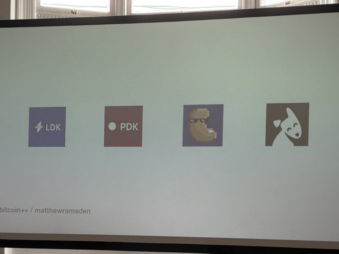 Projector screen displaying four icons including LDK, PDK, a pixelated duck, and another icon, with 'bitcoin++ / matthewramsden' at the bottom.
