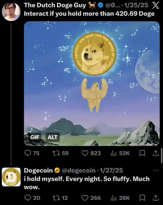 A screenshot of an X post by 'The Dutch Doge Guy' showing a Shiba Inu flexing under a moon, captioned 'Interact if you hold more than 420.69 Doge,' alongside a reply from the official Dogecoin account reading 'i hold myself. Every night. So fluffy. Much wow.'