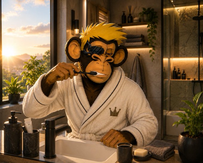 A stylized illustration of a monkey with blonde hair, sunglasses, and a crown wearing a white bathrobe, brushing its teeth in a luxurious bathroom setting with a sunset city view.