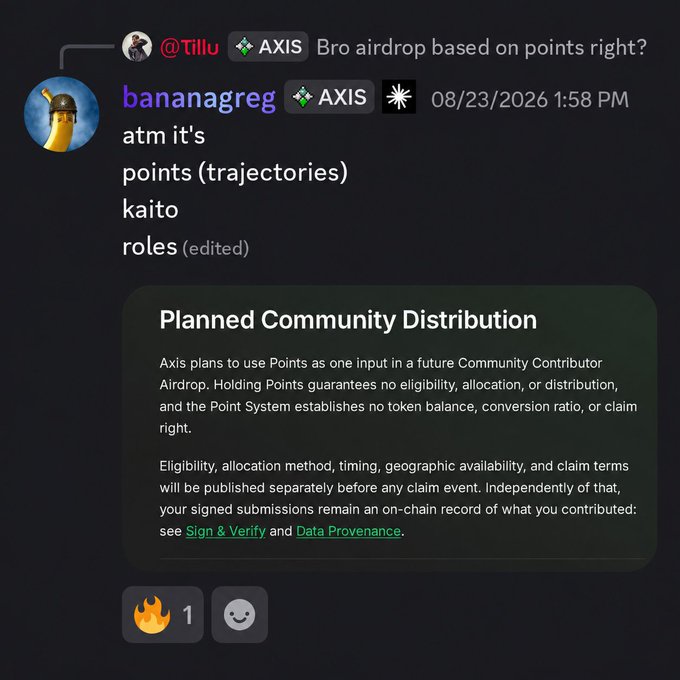Discord conversation where user @Tillu asks if the @axisrobotics airdrop is points-based, and user bananagreg confirms it's based on points (trajectories), Kaito, and roles, alongside Axis's official statement on their "Planned Community Distribution." The image supports the post's advice to grind Trajectories and the Discord X Axis role to potentially secure a better $AXIS token allocation.