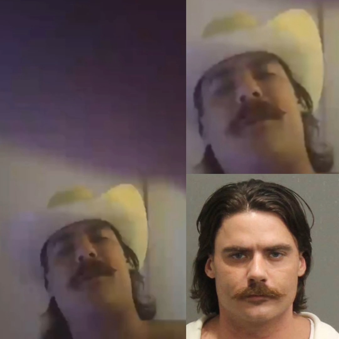 The image is a meme composite showing three blurry shots of a man with a mustache appearing disoriented, alongside a clear mugshot of a man with long dark hair, a mustache, and a serious expression. The post references "Chud" and jokes that a "transformer" is interacting with him, playing on the blurry, indistinct imagery suggesting something obscured or supernatural is happening to the mustached man in the photos.
