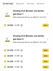 Screenshot in Vietnamese showing a Senio online shopping account with 1-week and 2-week Boosters available. Prices include 39,996₫ / 40 ST, 53,328₫ / 60 ST, 26,664₫ / 30 ST, and another 26,664₫ / 30 ST option.