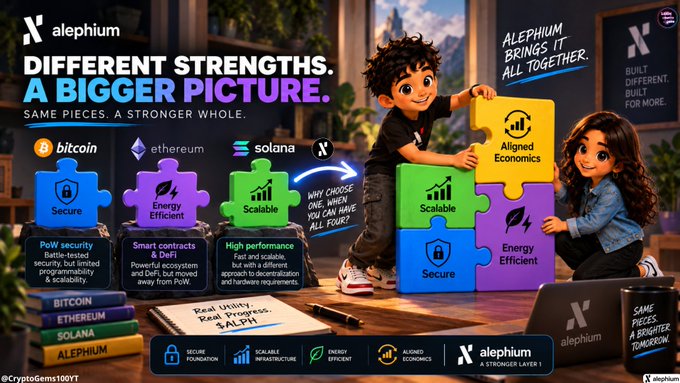 A promotional graphic for Alephium blockchain highlighting how it combines Bitcoin's PoW security, Ethereum's smart contracts, and Solana's scalability, featuring cartoon children assembling puzzle pieces labeled 'Secure,' 'Scalable,' and 'Energy Efficient.'