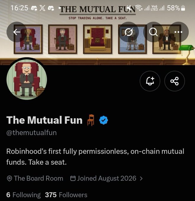 The Mutual Fun X profile: “Robinhood’s first fully permissionless, on-chain mutual funds. Take a seat,” with 6 following and 375 followers.