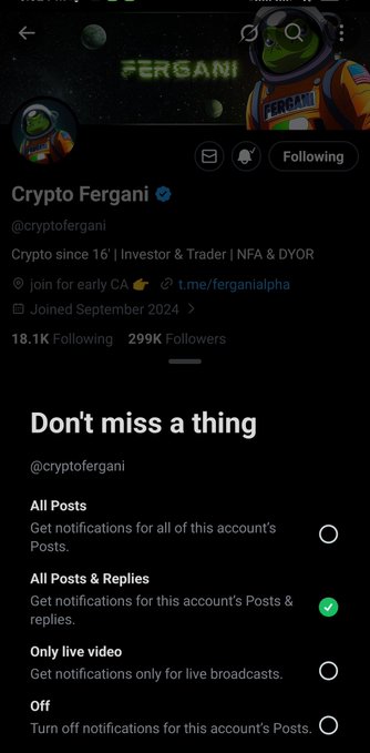 A X (Twitter) profile page for 'Crypto Fergani' (@cryptofergani), a crypto account since 2016, showing notification settings with 'All Posts & Replies' enabled.