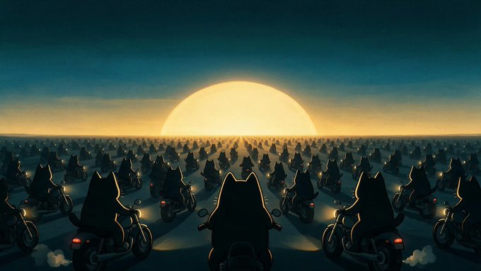 A vast army of silhouetted cat-like figures riding motorcycles across a desert landscape at sunset, with a large glowing yellow sun on the horizon and their headlights creating a dramatic procession scene.