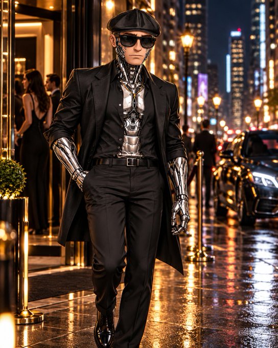 A cyberpunk-styled figure wearing a black suit, cap, and sunglasses stands on a wet city street at night, with visible silver robotic/mechanical arms and torso.