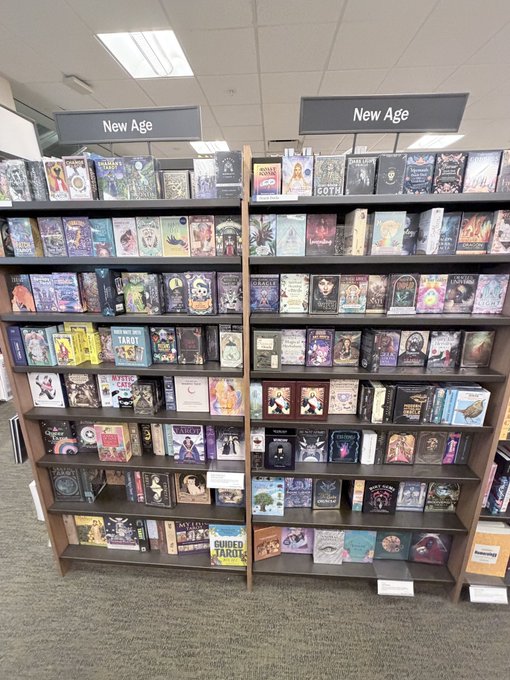 A display at Barnes & Noble ("BNBuzz") showing shelves of oracle and tarot cards under "New Age" category signs. Visible titles include "Mystic Cats," "Wisdom of the Oracle," "Tarot," and "Guided Tarot," matching the post's mention of researching oracle cards.