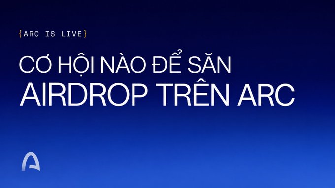 A promotional graphic with a blue gradient background reading '{ARC IS LIVE} CƠ HỘI NÀO ĐỂ SĂN AIRDROP TRÊN ARC' (What opportunities to hunt airdrops on ARC).