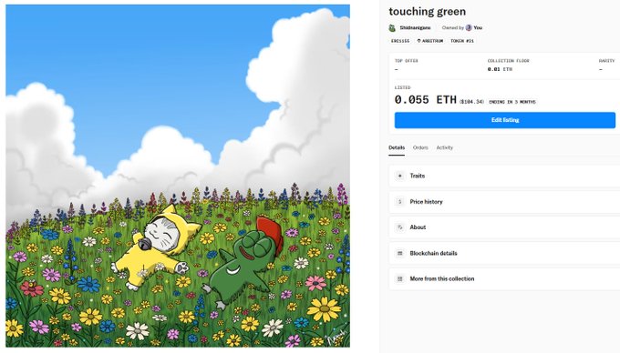 An NFT listing titled 'touching green' shows a digital artwork of two cartoon characters lying in a flower field, priced at 0.055 ETH.