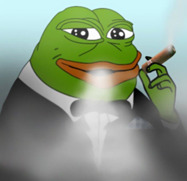 The image shows a cartoon Pepe the Frog dressed in a tuxedo, holding a cigar with smoke swirling around him. The caption references the "Solana trenches" (crypto trading slang for grassroots/early-stage Solana tokens) and the phrase "we truly are so back," pairing Pepe's smug, confident demeanor with a triumphant vibe about the current state of Solana's memecoin scene.
