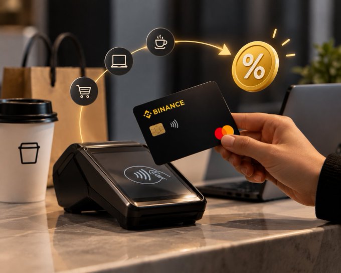 A hand taps a black "BINANCE" debit card on a contactless payment terminal, surrounded by floating icons representing shopping, a laptop, and coffee, with a golden percent sign emphasizing the cashback feature highlighted in the post.