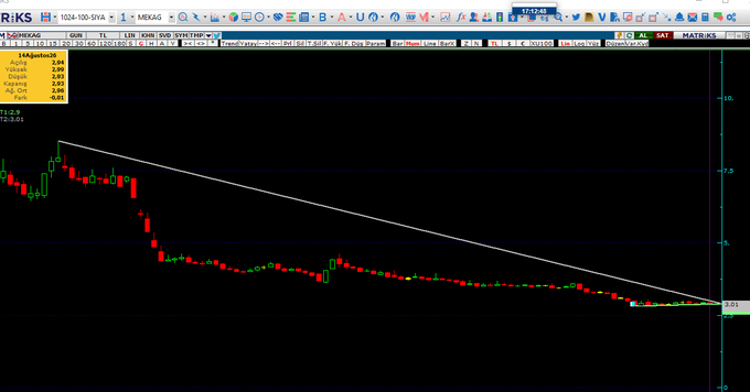 A daily candlestick chart of ticker **RIKS** (price 3.01) showing **#mekag** consolidating near strong support at 2.90, currently at 2.93 with a red daily candle and RSI(14) at 33.20, with a downward trendline connecting the recent highs.