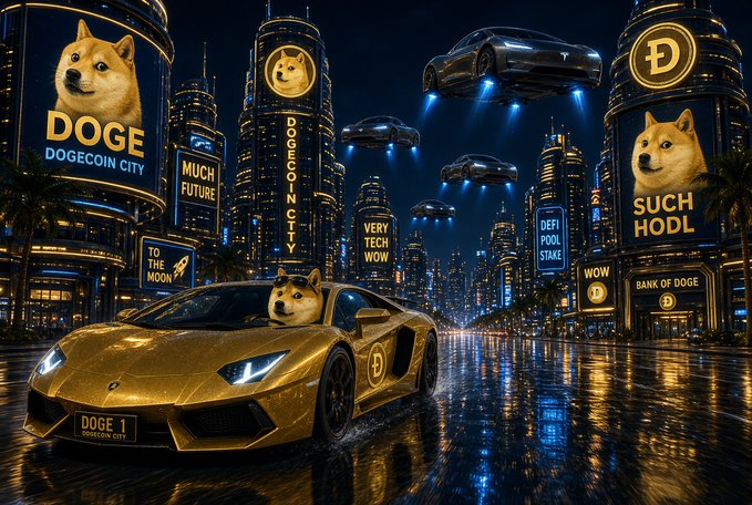 A vibrant, futuristic Dogecoin City (DOGE) scene featuring a golden Lamborghini with a Shiba Inu driver, floating cars, and neon signs displaying slogans like 'MUCH FUTURE,' 'TO THE MOON,' 'VERY TECH WOW,' 'DEFI POOL STAKE,' 'SUCH HODL,' and 'BANK OF DOGE.'