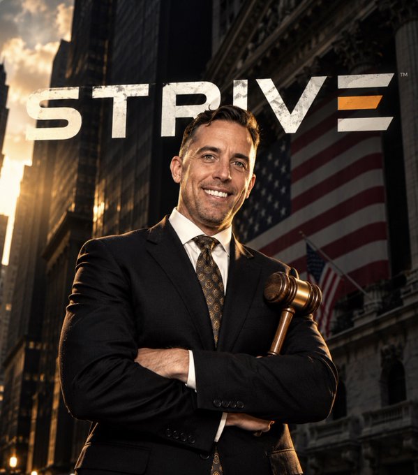A promotional image for 'STRIVE' showing a smiling man in a dark suit with a gavel, standing in front of an American flag and city skyline.