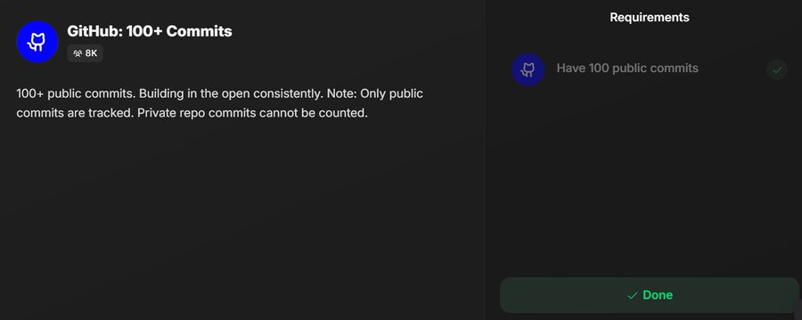 Screenshot of the GitHub: 100+ Commits requirement on Base Guild, showing the 8K badge and a green checkmark confirming completion. The post notes that only 8K wallets have completed this task, making it a low-competition edge for $BASE farmers.