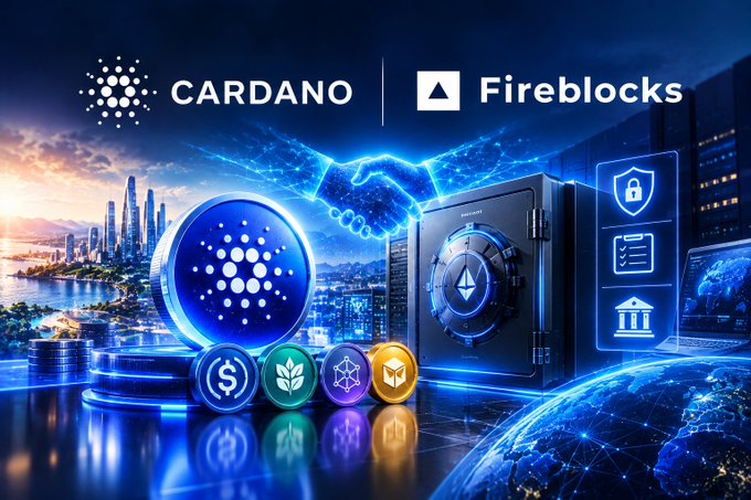 A promotional graphic for Cardano and Fireblocks featuring their logos above imagery of a digital handshake, a vault, cryptocurrency coins, and blockchain networks.