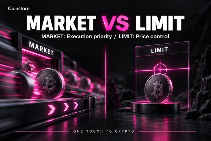 A promotional graphic from 'Coinstore' comparing 'MARKET VS LIMIT' orders with the tagline 'MARKET: Execution priority / LIMIT: Price control' and 'ONE TOUCH TO CRYPTO' at the bottom.