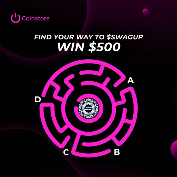 A promotional graphic from Coinstore featuring a pink maze with four entry points labeled A, B, C, and D, challenging users to "Find your way to $SWAGUP" to win $500, matching the airdrop instructions in the post.