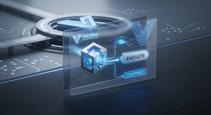 A futuristic 3D digital interface displaying 'VALERIA: SECURE PROTOCOLS' with a glowing blue cube, an 'EXECUTE' button, and 'CONFIRMED' status against a dark tech-themed background.