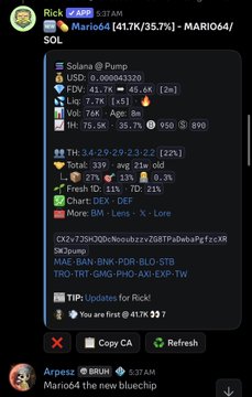 The image shows a Telegram bot (XALDR) displaying token analysis for Mario64 (MARIO64), highlighting metrics like market cap of $42.6K, liquidity of $7.7K, and a 50x growth signal marked with "+49.6% [2m]". This aligns with the accompanying post celebrating Mario64's 50x runner gain, confirming the chat's call and supporting the post's claim of catching the early morning Solana runner in Serenity.