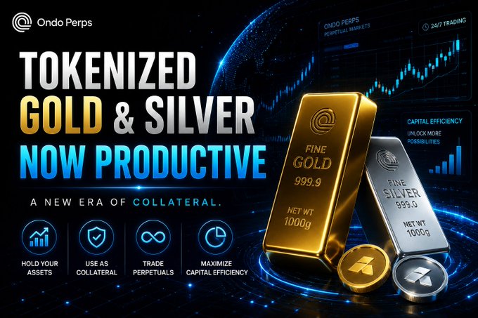 An advertisement for Ondo Perps titled 'Tokenized Gold & Silver Now Productive,' showcasing gold and silver bars alongside benefits like holding assets and using them as collateral.
